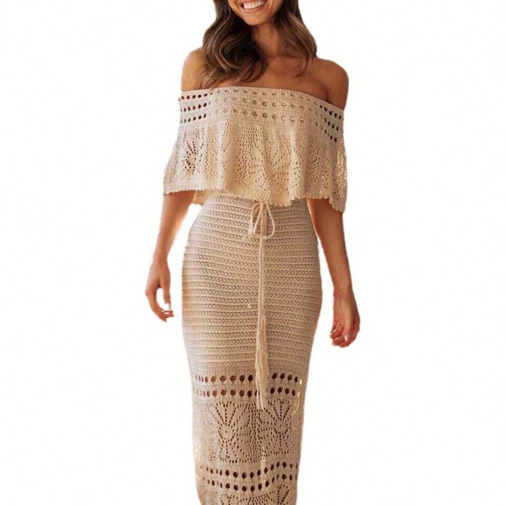 Apricot Elegant Women's Long Tube Top Short Sleeve Off Shoulder Knit Tie-Up - Picture 8 of 9
